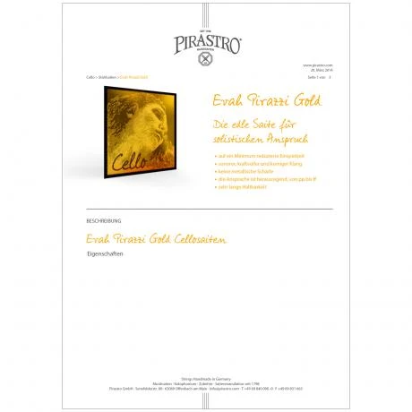 EVAH PIRAZZI GOLD Cello String SET By Pirastro - Image 2